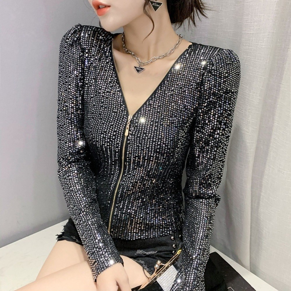 라쿤걸 반짝이는 스팡글 패션지퍼 여성 브이넥 긴팔티셔츠AW433